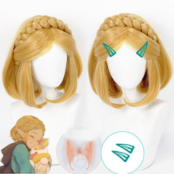 Zeldada Princess Cosplay Wig Golden Blonde Braided Short Wig Cosplay Anime Princess Cosplay Wig Ears Heat Resistant Wigs + Wig Cap