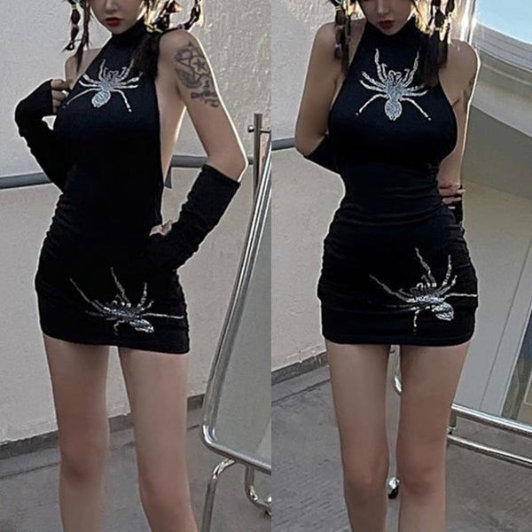 Women Sexy Halter Sleeveless Package Hip Bodycon Mini Dress Gothic Hot Drill Spider Backless Nightclub Party Dresses