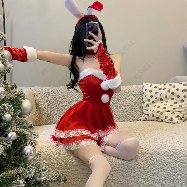 2023 weihnachten Rot Frau Kleid Süße Bunny Mädchen Kostüm Kaninchen Frau Set Bunny Anzug Sexy Wäsche Dame Cosplay Maid Uniform Weihnachten