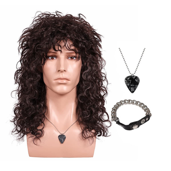 70 80s Long Curly Dark Brown Cosplay Wig with Necklace and Mater Bracelet for Eddieie Munsonon a Strangers oh Things 4 Halloween