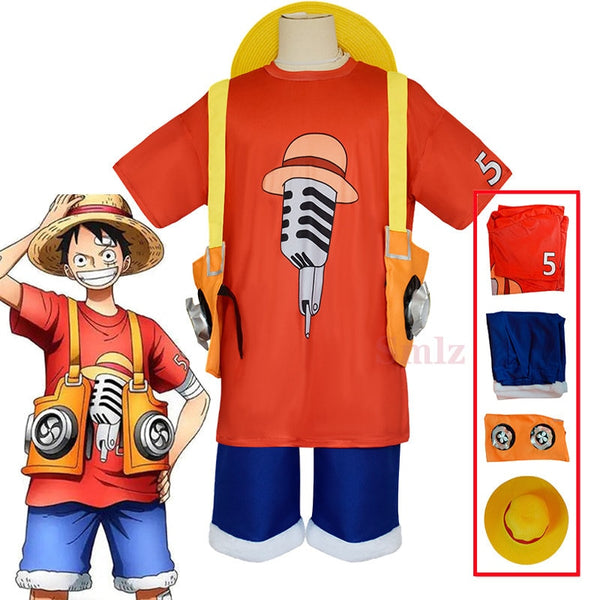 New Anime Cosplay Film Red Luffy Cosplay Costume Top Shorts Strap Hat Outfits Halloween Carnival Suit One Piece