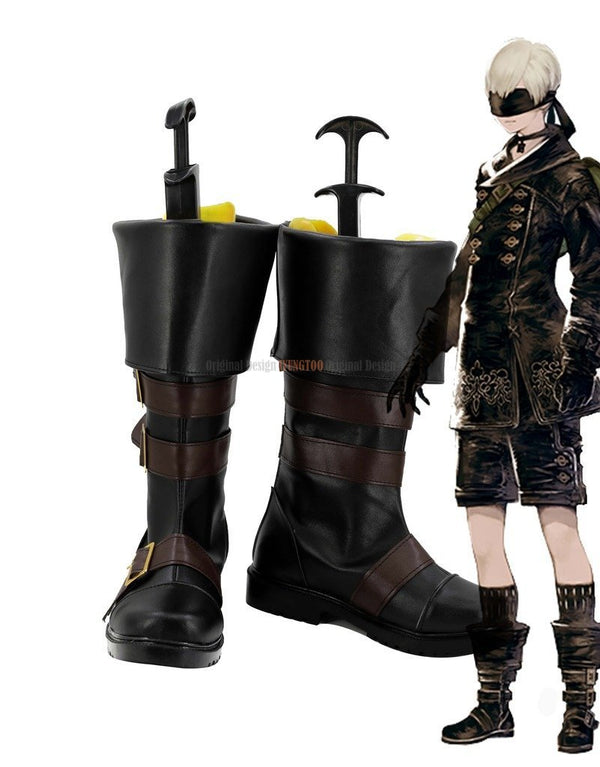 9S Boots Cosplay Nier Automata 9S Cosplay Shoes Handmade Long Black Boots Custom Made PU Leather