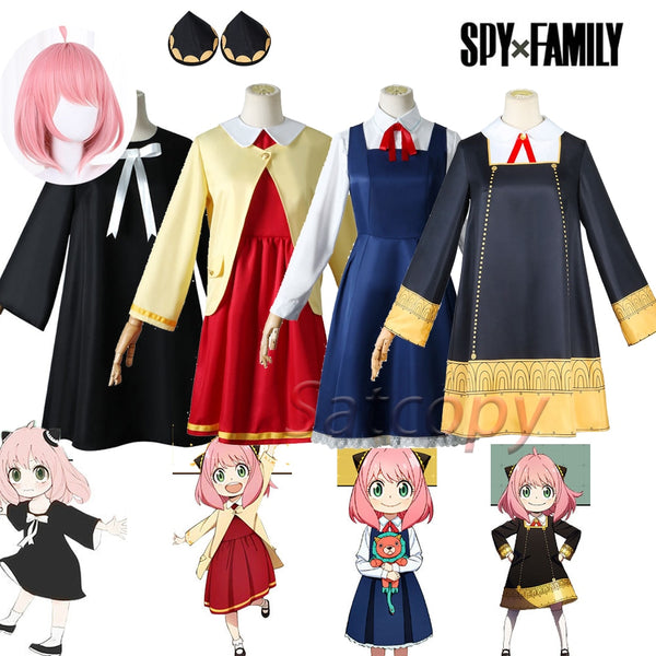 Anime SPY FAMILY Cosplay Kostüme Anya Forger Uniform Headwear Experiment 007 Kleid für Mädchen Frauen Full Set Perücke
