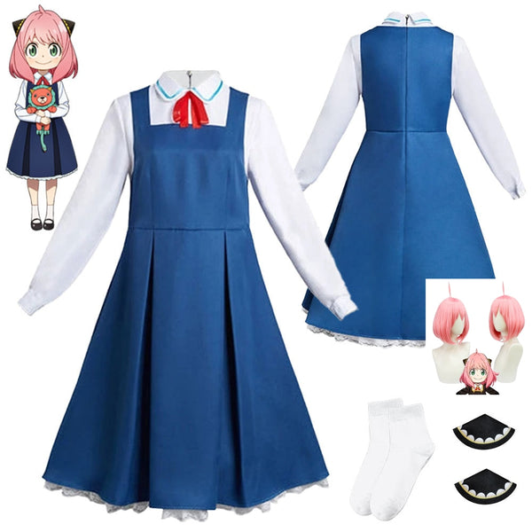 Kids Adults Anya Forger Cosplay Costume Anime Spy x Family Black Dress Cute Girls Woman Dress Pink Wig Carnival Role Play Outfit