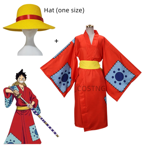 Hot Anime ONE c PIECE Monkey D Luffyfy Kimono Unisex Adult Kids Stage Performance Halloween Party Cosplay Costume with Hat