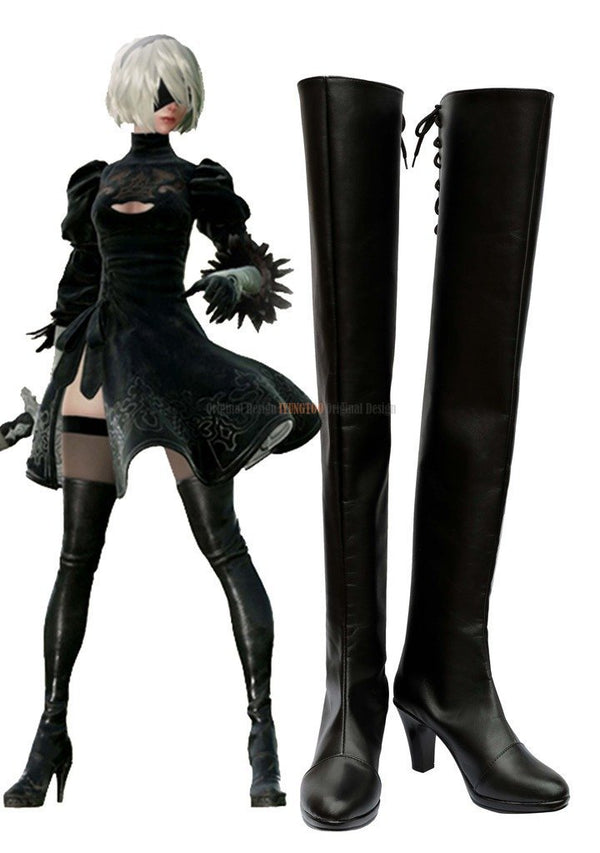 NieR Automata 2B Boots Cosplay YoRHa NO.2 Type B Cosplay Shoes Handmade Long Black Boots High Heel Costum Made