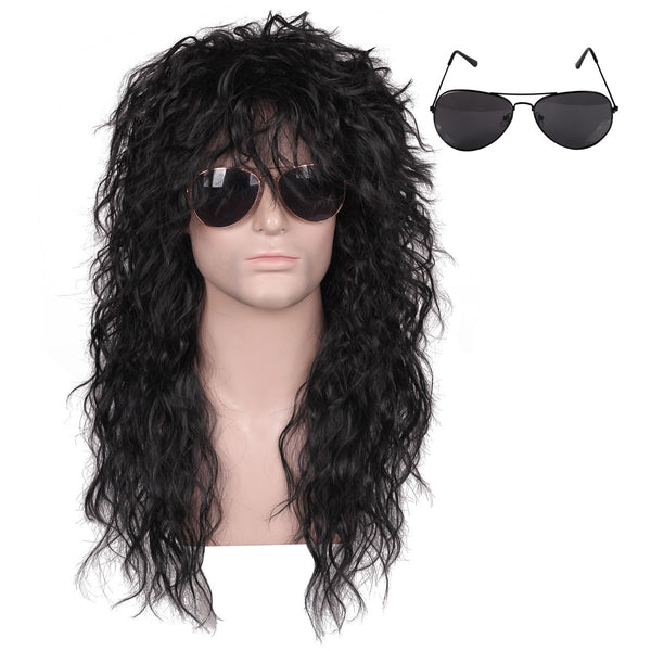 Kyoyo 70 80s Black Curly Rocker Cosplay Wig with SunGlass For David and Bowies Halloween  Disco oh Mullet Wig for Men