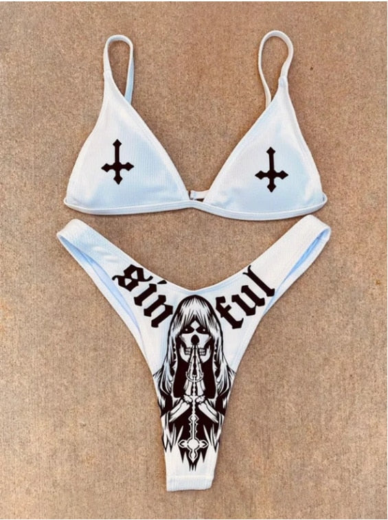 Frauen-lustige Buchstaben drucken 2-teilige Bikini-Anzüge mit tiefem V-Ausschnitt, abnehmbaren Brustpolstern, Sling-Oberteilen mit dreieckigen Unterteilen, Badeanzügen 2021