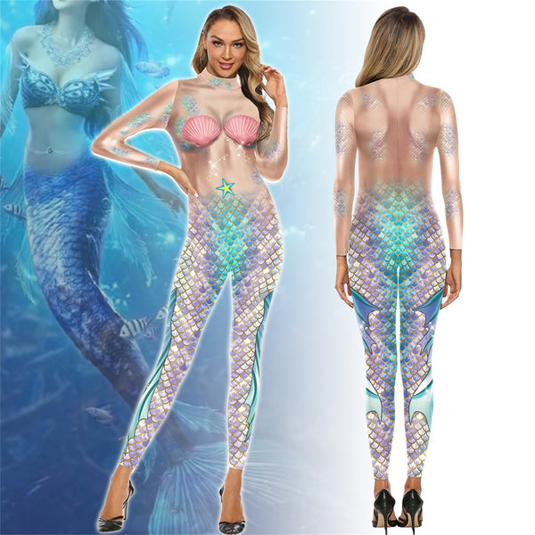 Lady Shell a Fish Scale Jumpsuit Shining Bodysuit Women Tight Sexy Zentai Tracksuit Halloween Stage Show Mermaid Cosplay Costume