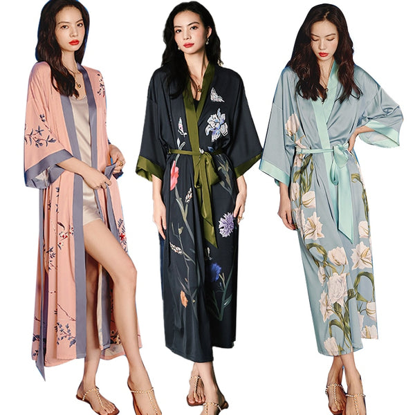Chinese Style Womens Summer Pajamas Long Satin Robe Kimono Bathrobe Housecoat Sleep Robe Gown with Peacock and Blossoms Printed