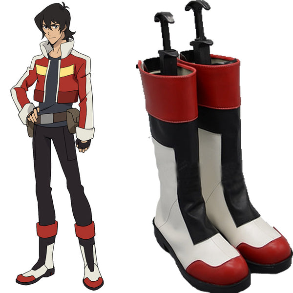 A pair of cosplay shoes designed to resemble the character Keith's shoes from the anime Voltron: Legendary Defender. The shoes are predominantly white with red and black accents, featuring a stylized design with multiple buckles.