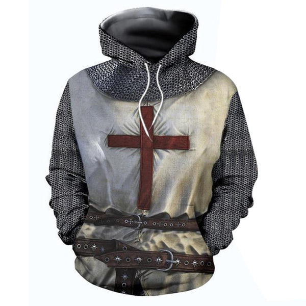 Adult Men Medieval Knights Templar Armor Hoodie Crusader Cross 3D Print Hooded Pullover Halloween Sweatshirt Costume Casual Coat