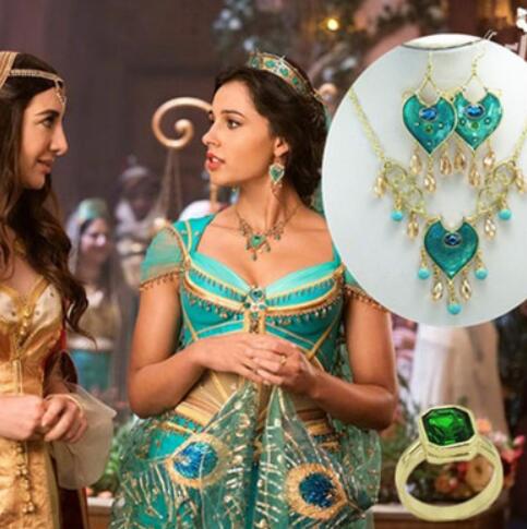 Movie Aladdin Jasmine Princess Necklace Earrings Ring Cosplay Prop