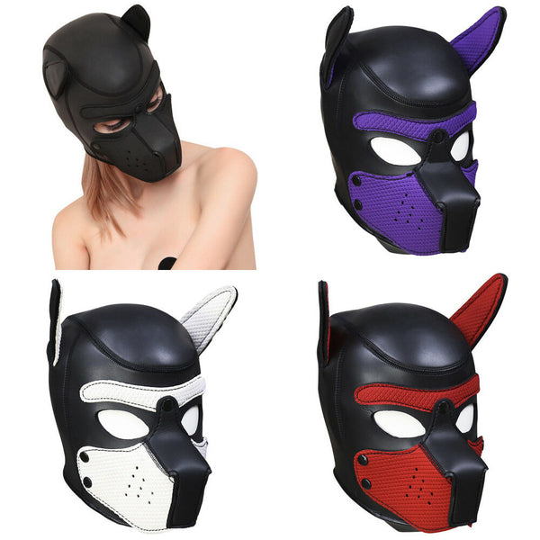 Padded Latex Rubber Role Play Dog Mask Puppy Cosplay Full Head with Ears 4 Color