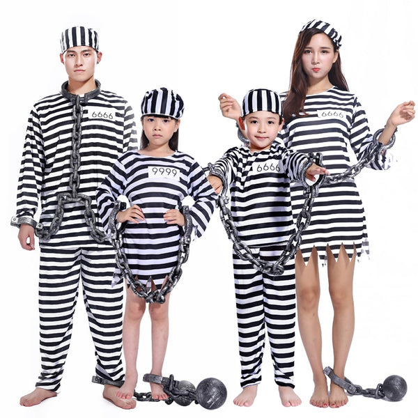 Carnival Party Halloween Prisoner Costume for Men Women Kids Child Family Violent oh Prisoner Costumes Fancy Dresses Set
