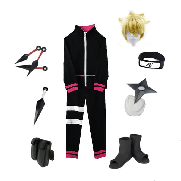 Boruto/unisex Konoha Uzumaki Boruto/Cosplay Costume (top+pants+Headband+Shoes+Kunai+bag+shuriken)