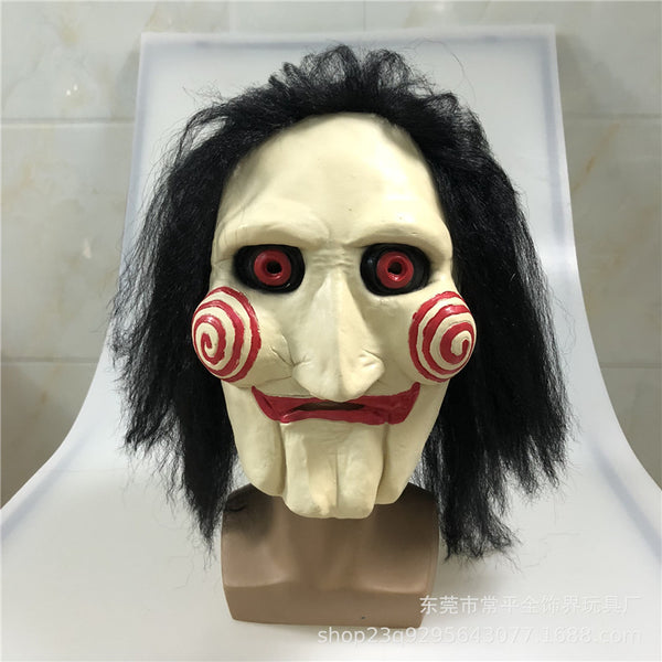 Movie Saw Chainsaw Massacre Jigsaw Puppet Masks with Wig Hair Latex Creepy Halloween Horror Scary mask Unisex Party Cosplay Prop