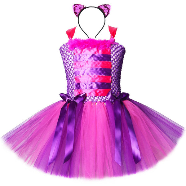 Alice In Wonderland Cheshire Cat Girls Tutu Dress Hot Pink Purple Cartoon Tulle Girl Party Dress Kids Halloween Cosplay Costume