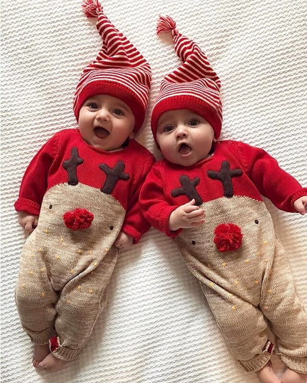 2 PCS Newborn Baby Boy Girl Christmas Rompers Babies XMAS Romper Clothing Set Lovely Cute Striped Hats Jumpsuit Outfits Clothes
