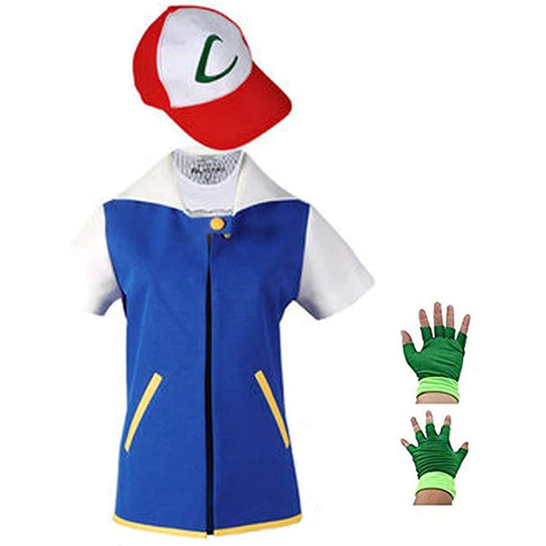 Ash Ketchum Cosplay Frauen und Männer Anime Blaue Jacke Hut Handschuhe Sets Kinder Erwachsene Ketchum Party Pokemon Halloween Kostüm