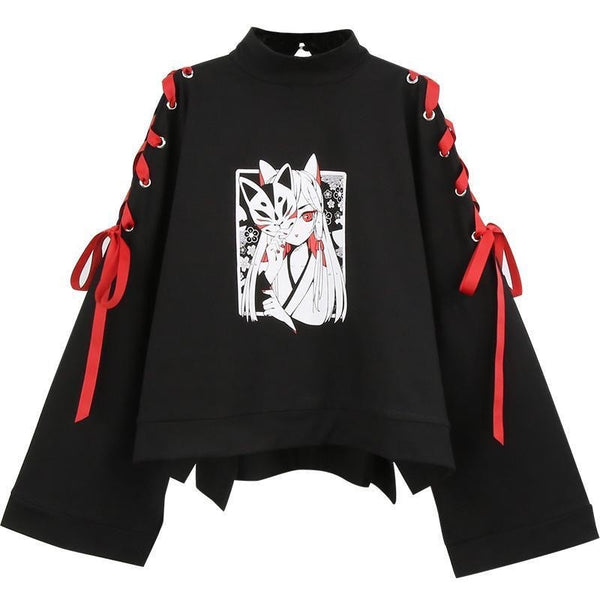 Summer Women Clothing Anime Fox Printed Cross Ribbon Lolita Girls' T Shirt Harajuku Spring Black Top Skirt