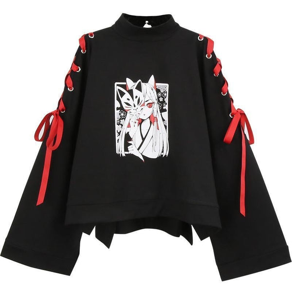 Summer Women Clothing Anime Fox Printed Cross Ribbonon Lolita Girls' T Shirt Harajukuku Spring Black Top Skirt