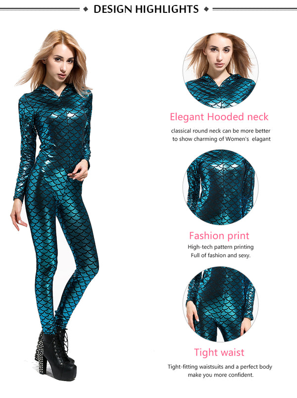 Vintage Cosplay Costume For Women Sexy Female Fish a Scale Hooded Bodysuit Lake Blue Colorful Party Jumpsuit