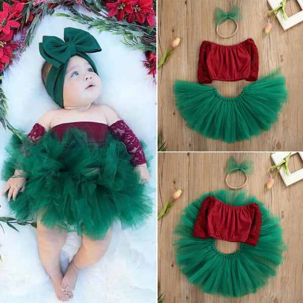 Infant Baby Girls Princess Christmas Clothes Lace Patchwork Top+Tutu Skirt + Lovely Bowknot Fashion Xmas Outfit