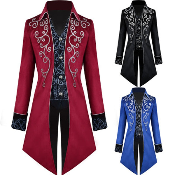 Medieval Cosplay Costume Men Corduroy Steampunk Jacket Coat Embroidery Gentlman Tailcoat Tails Winter Jacket Gothic Black Blue