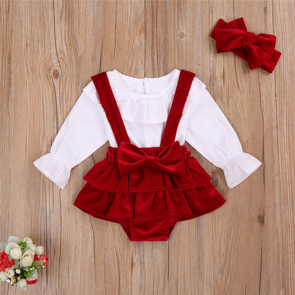 2020 New 0-24M Christmas Newborn Infant Baby Girls Clothes Set Ruffles White Top Bow Red Velvet Shorts Headband Outfit Xmas
