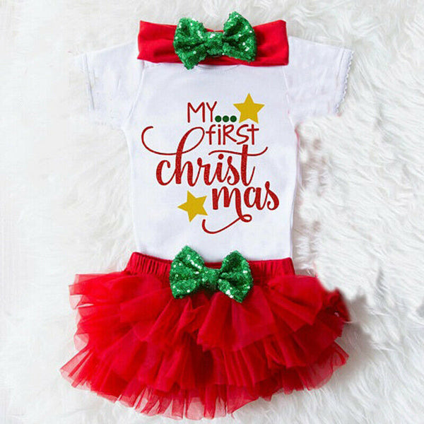 Xmas My 1st Christmas Baby Mädchen Prinzessin Strampler T-Shirt + Tutu Rüschen Short Bloomer Kleidung Set Baby Xmas Outfits 0-18M