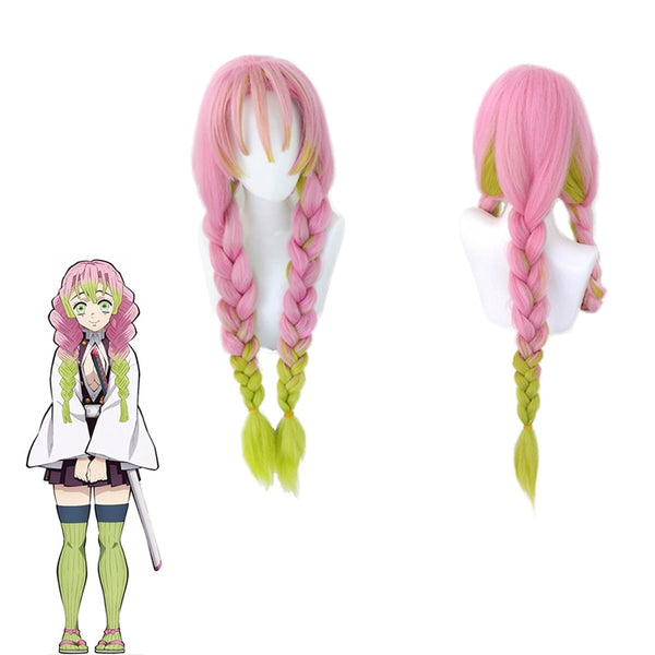 Blade of Demon cos Slayer Kanroji Mitsuri Cosplay Wig Kimetsu no Yaiba Long Ponytail Gradient Pink Green Three Braids Hair
