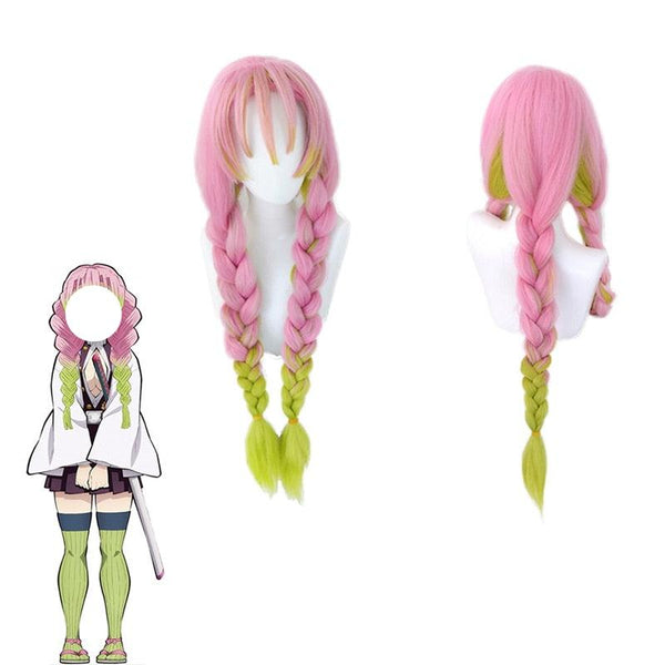Demons cos Slayers Kanrojiji Mitsuriri Cosplay Wig Kimetsusu Yaibaba Long Ponytail Gradient Pink Green Three Braids Hair