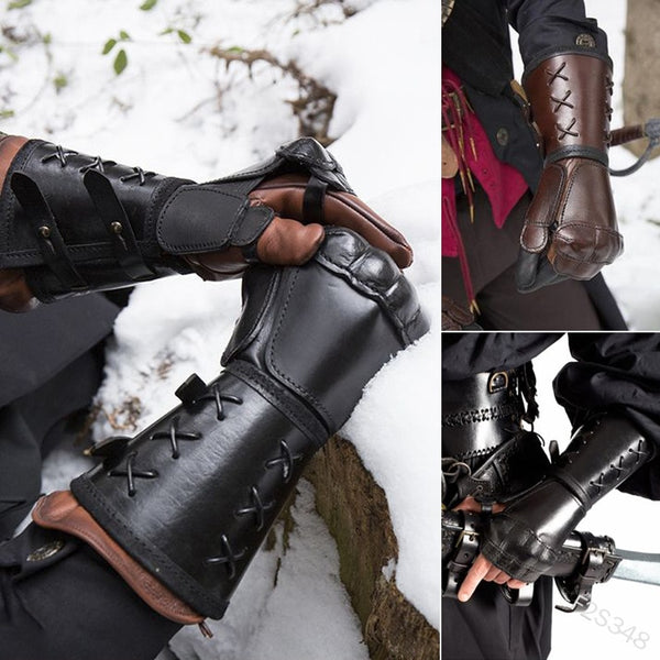 Mittelalterliche Retro-Gothic-Stil-Halbfinger-Reitmotorradhandschuhe Bandage Leather Long Glove Soldier Fight Combat Cosplay Armor