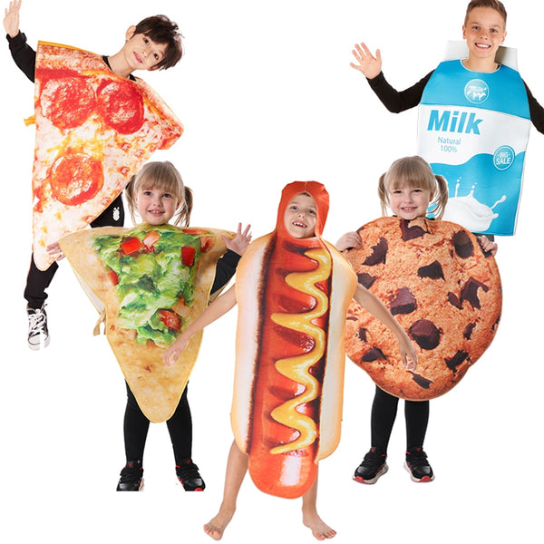 Kinderkostüme Kinder Essen Lustiges Kostüm für Purim Karneval Jungen Hot Dog Cosplay Pizza Milch und Kekse Kostüm