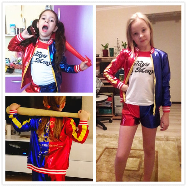 Selbstmord Cosplay Kostüme Harley Squad Quinn Kinder Mädchen Mäntel Femme Jacke Anzug mit Perücke Handschuhe