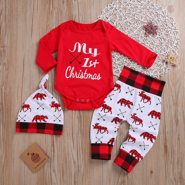 New Lovely Baby Boy My First Christmas Letter Romper Kids Pant Newborn Hat Boys Outfits Girl Xmas Set Autumn Clothing 2PCS Set