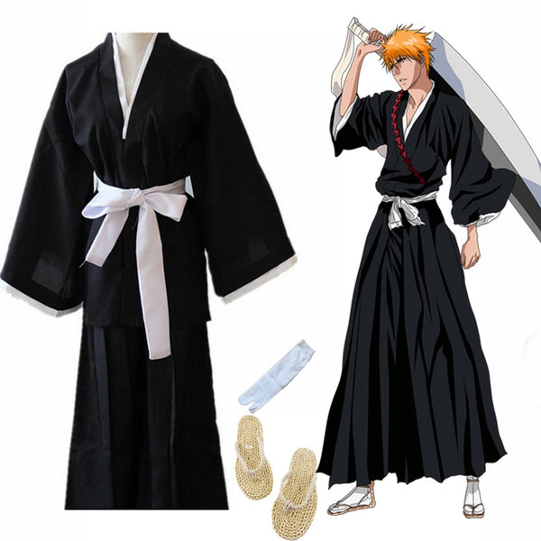 Orientalischer japanischer traditioneller Kimono Samurai BLEACH Kurosaki Ichigo Cosplay Kostüme Robe Kleid mit Strohsandalen Luffy