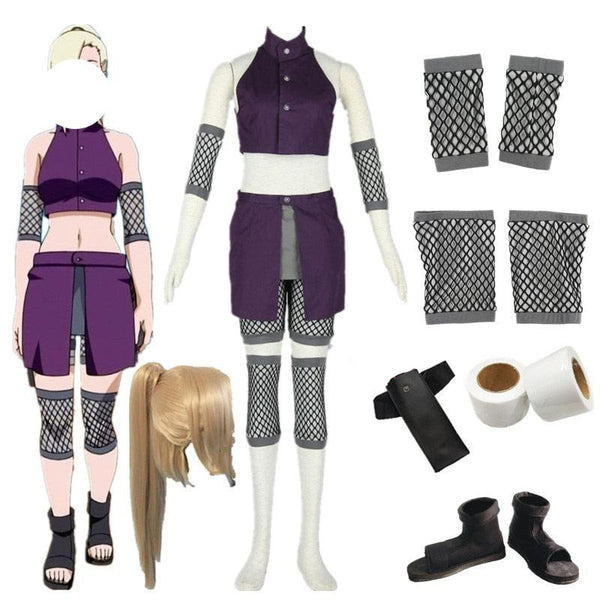 A 12-piece anime cosplay costume set including a sleeveless jacket, short skirt, elastic shorts, grey black net elbow and knee covers, a wig, shoes, a white bandage, a black bag, and three weapons.
