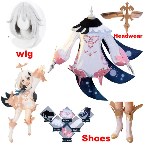 Genshin Impact Paimon Cosplay Lolita Jumpsuits Outfit Adult Women One-Piece Costume Uniform Party Halloween Full Set Wig Shoes