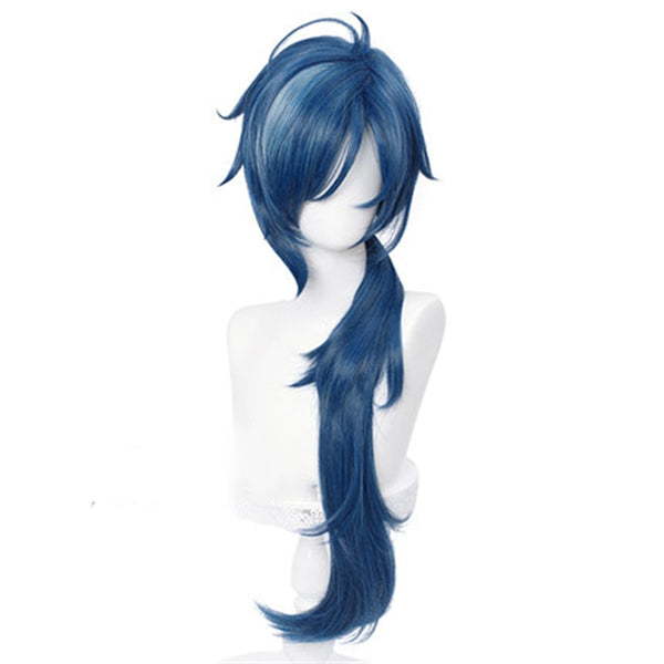 Genshing and Impacts Kaeyaya Cosplay Men 80cm Long Ink-blue Wig Cosplay Heat Resistant Synthetic Hair Peluca Anime Wigs