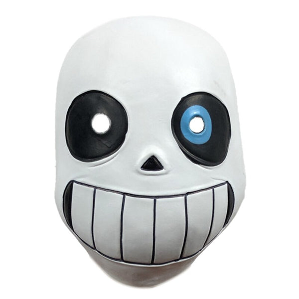 A headgear accessory designed to resemble the character Sans from the Undertale series, featuring a white skull-like design with black and blue eyes and a wide smile.