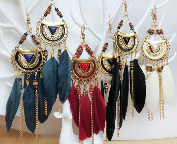 European and American Jewelry Bohemian retro tassel Feather Earrings seaside holiday beach style earrings