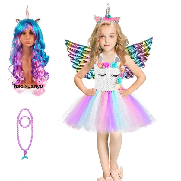 Cosplay Ponyny Unicornrn Tutu Princess Dress for Girls Headwear Unicorn Wings Christmas Cosplay Costume for Birthday Party Dresses