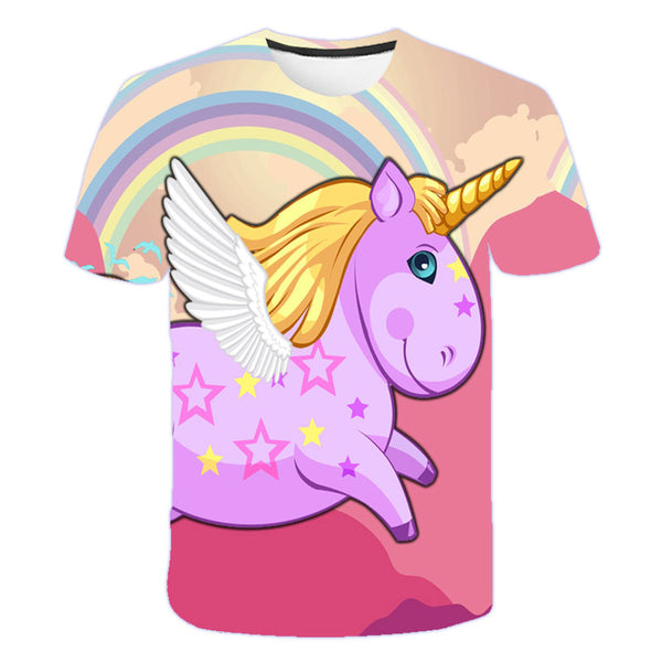2021 Mädchen Kleidung süßes chucky Einhorn T-Shirt Rosa Pony Polyester kurze T-Shirts Baby Kinder Tops Einhorn Kostüm Geburtstagsgeschenk