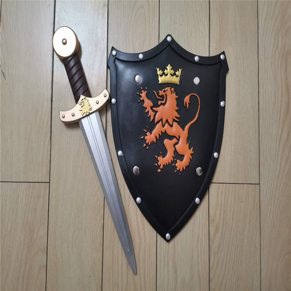 2pcs/set 1:1 Halloween Cosplay Children Prop Lion Shield Golden Sword PU Weapon Movie Model Game Anime Cos Kids Role Play Toy