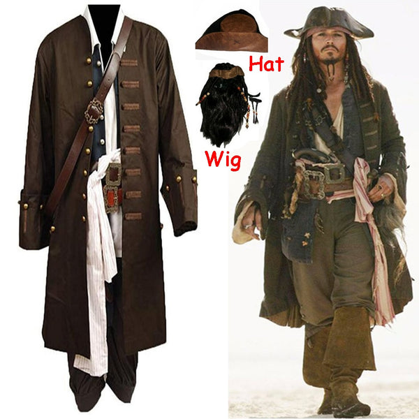 Jack Sparrow Cosplay Kleidung Fluch der Karibik Jacke Weste Gürtel Hemd Hose Kostüm Set Halloween Perücke und Hut