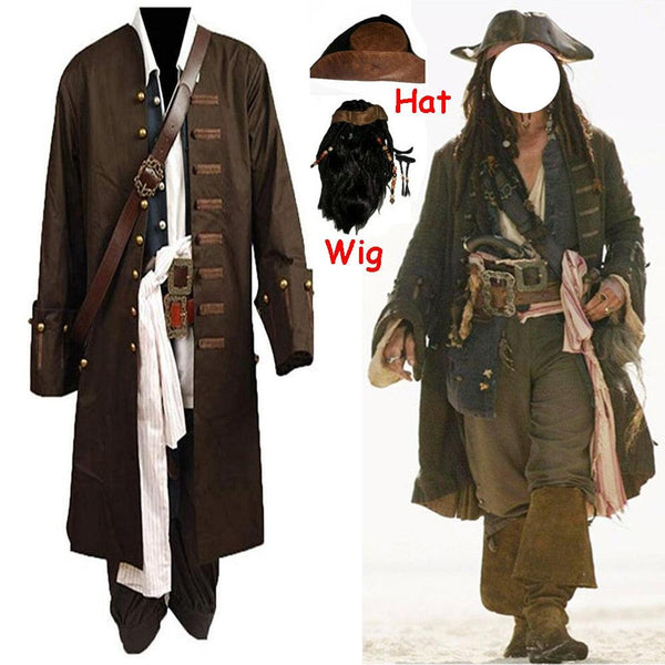 Jacks Sparrowow Cosplay clothing Pirates oh of the a Caribbeanan Jacket Vest Belt Shirt Pants Costume Set Halloween Wig and hat