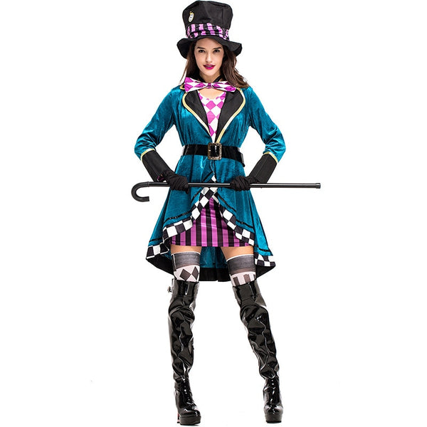 Alice in Wonderland Clown Mad Hatter Costume for Adults Women Fantasias Sexy Magician Cosplay Halloween Carnival Magic Dress