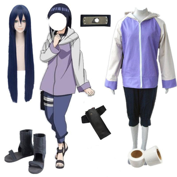 A cosplay costume set including a jacket, pants, headband, shoes, a wig, and accessories such as a bracer and a fan.